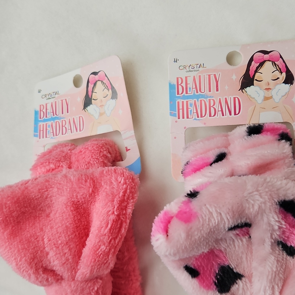 Set of 2 Spa Headbands Soft Terry Fabric Pink Solid & Animal Print Bow Stretch - Picture 4 of 6